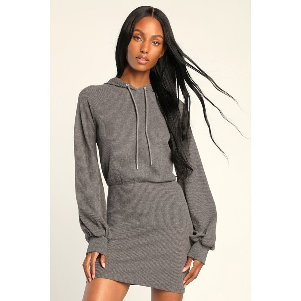Lulus Upbeat Energy Heather Grey Waffle Knit Hooded Sweatshirt Dress - Size S